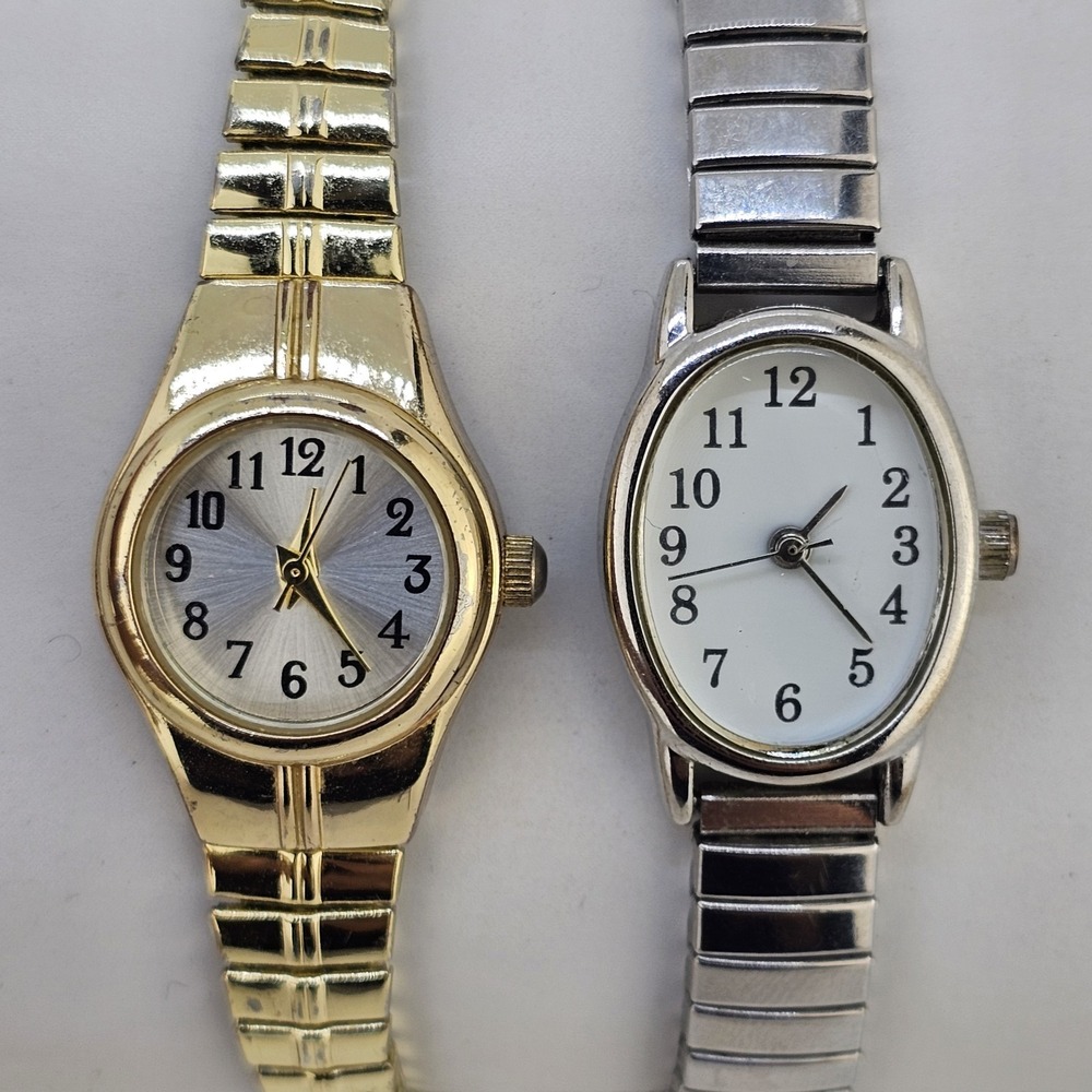 2X Women Watch 18-20MM White Gold Dial Gray Gold Stretch Bands 6.25" NEW Battery